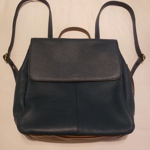 Fossil Back Pack, Navy And Tan/Brown Leather